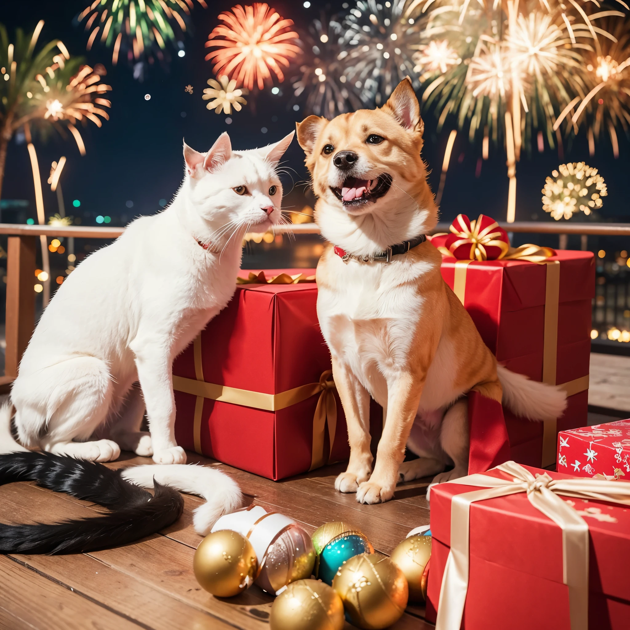 Help me generate a social poster for New Year’s Day and New Year’s Eve，Using the、cheerful colors，New Year themed background，You can add elements such as fireworks、gift box etc.，Create a festive atmosphere，Cute dog and cat giving thanks