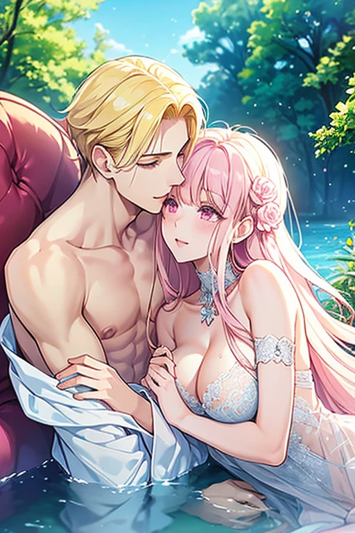 kiss、a couple、Lovers、Romance、Overflowing、Full body painting、Fluttering chest、Sheer lace underwear、Underwear to take off、teats、teatsが透ける、ピンクteats、pink areolae、clitoris、Inter-strands、a coupleポーズ, Engaging pose, kissing together cutely, passionate pose, 素敵なa couple, 1 male,(blonde hair, Gold Eyes、Tall、190cm、manly、handsome man、Beautiful shape、Best style、Beautiful prince,Strong body、Sexy costumes、tall、wet gown、Open chest、Flowing)、1 female(Pink hair,stright long hair、Pink eyes、cute large eyes,優しいa smile、Flowers in the hair、小柄、huge tit、Best style、Perfect style、rise)、Put your arms around your waist、hug、Grabbing the waist、araffe woman in a white lingerie posing for a picture, lingeries beauty, wearing sexy lingerie, , translucent dress, Translucent body, iridescent shiny sheer lingerie, sexy dress, wavy lingeries, smooth translucent white skin, lingerie, beautiful sexy woman photo, Sexy style, Lovely woman, Transparent Dress, Open V chest clothes, young graceful、The fountain、splash water、izumi, sunny day in a park, bright sunny day、bright sunny summer day,blue-sky、shine、kirakira、shining lake、Crystal clear water、Bright sunshine、colorful flower、Surrounded by flowers、Closely attached、a smile、A slight smil、Gentle eyes