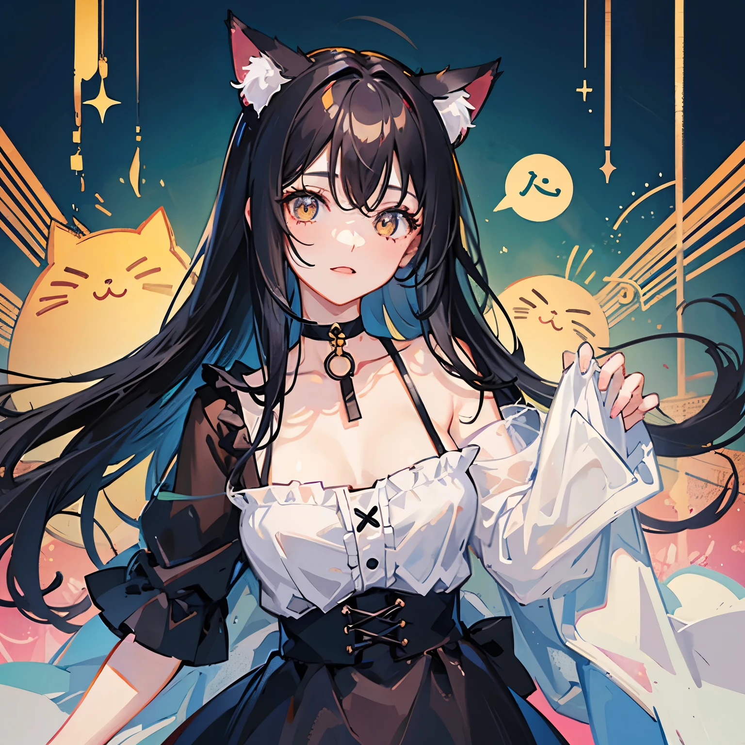 1人、girl with、Long black hair、a choker、Eyes are yellow、cat ear、unclear、kawaii、