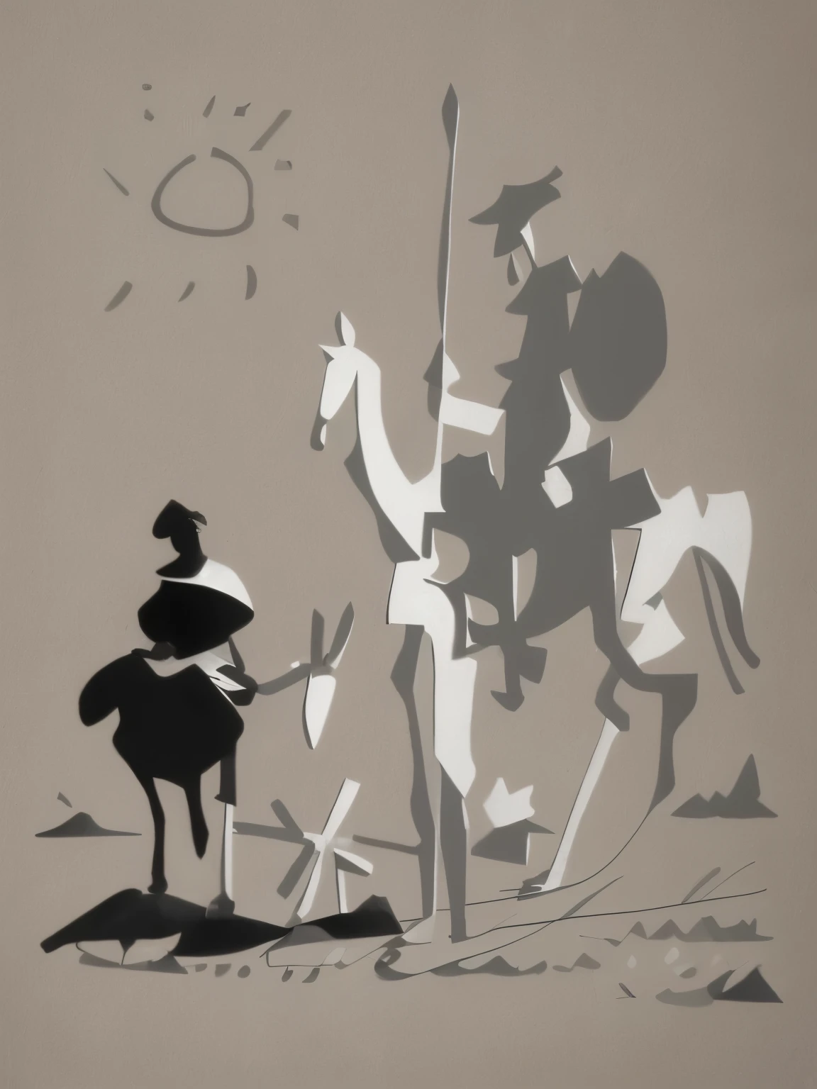 There is a black and white drawing of a man on a horse., pablo picasso, Don Quixote left the book behind, Picasso&#39;s work, Jacques Kahlo(Jacques Callot)Inspired by, high contrast picture, pablo picasso 그림, HD Art, Alexander Milne Calder, Victor de Jenny, high contrast pictures, alexander sterling calder, Pedro Alvarez Castello(Pedro Álvarez Castelló)Inspired by