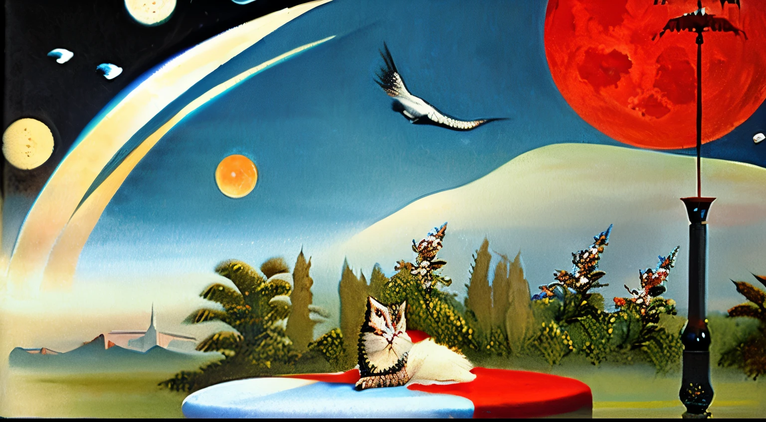 (vintage colors,physically-based rendering),(portraits),(landscape), (vintage colors),(Outdoor scene), (Night scene), (Full moon), ((oil painting))
Cats ((black and white)) relaxing together gazing at the celestial blue sky, with a serene atmosphere and predominant shades of red and celestial blue