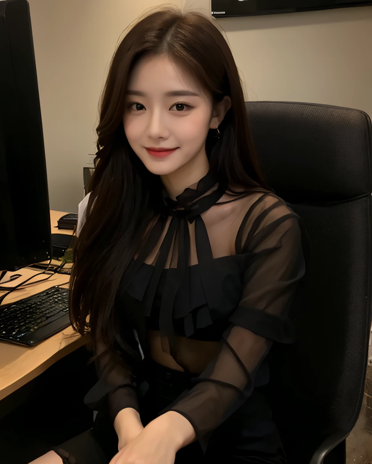 (Masterpiece, best resolution: 1.2), (brown eyes), seduction, smile, long brown hair, small breast, high-definition facial features, 8K, double eyelids, delicate facial feature, (((office))), ((((Sheer black blouse)))、(black trousers)、sitting on a chair, computer