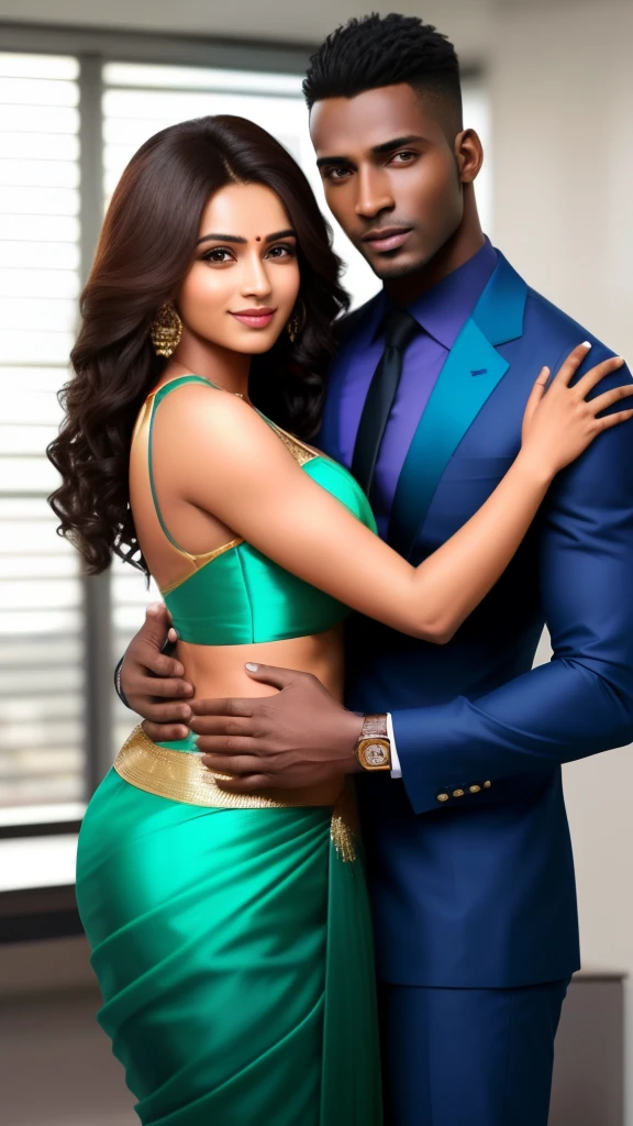 1 muscular very hary, handsome and attractive African man with sexy Indian girl wearing full saree. Both are hugging pose. The woman is standing on the right side of the man. In office. Hyper realistic image detail image.