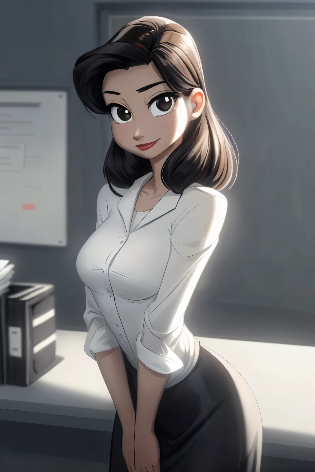 ((ultra quality)), ((tmasterpiece)), Meg, Paperman, ((Black, hairlong)), (Beautiful cute face), (beautiful female lips), Charming, ((sexy facial expression)), looking at the camera smiling softly, eyes slightly open, (Skin color: white), Body glare, ((detailed beautiful female eyes)), ((Black глаза глаза)), (juicy female lips), (red lipstick on the lips), (beautiful female hands), ((perfect female figure)), perfect female body, Beautiful waist, Gorgeous hips, Beautiful medium breasts, ((Subtle and beautiful)), stands seductively leaning on the table (Rear view), (Sexy Office Wear, white shirt with sexy neckline, sexy black skirt), background: office 50-60 years, ((Depth of field)), ((high quality clear image)), (crisp details), ((higly detailed)), Realistic, Professional Photo Session, ((Clear Focus)), the anime