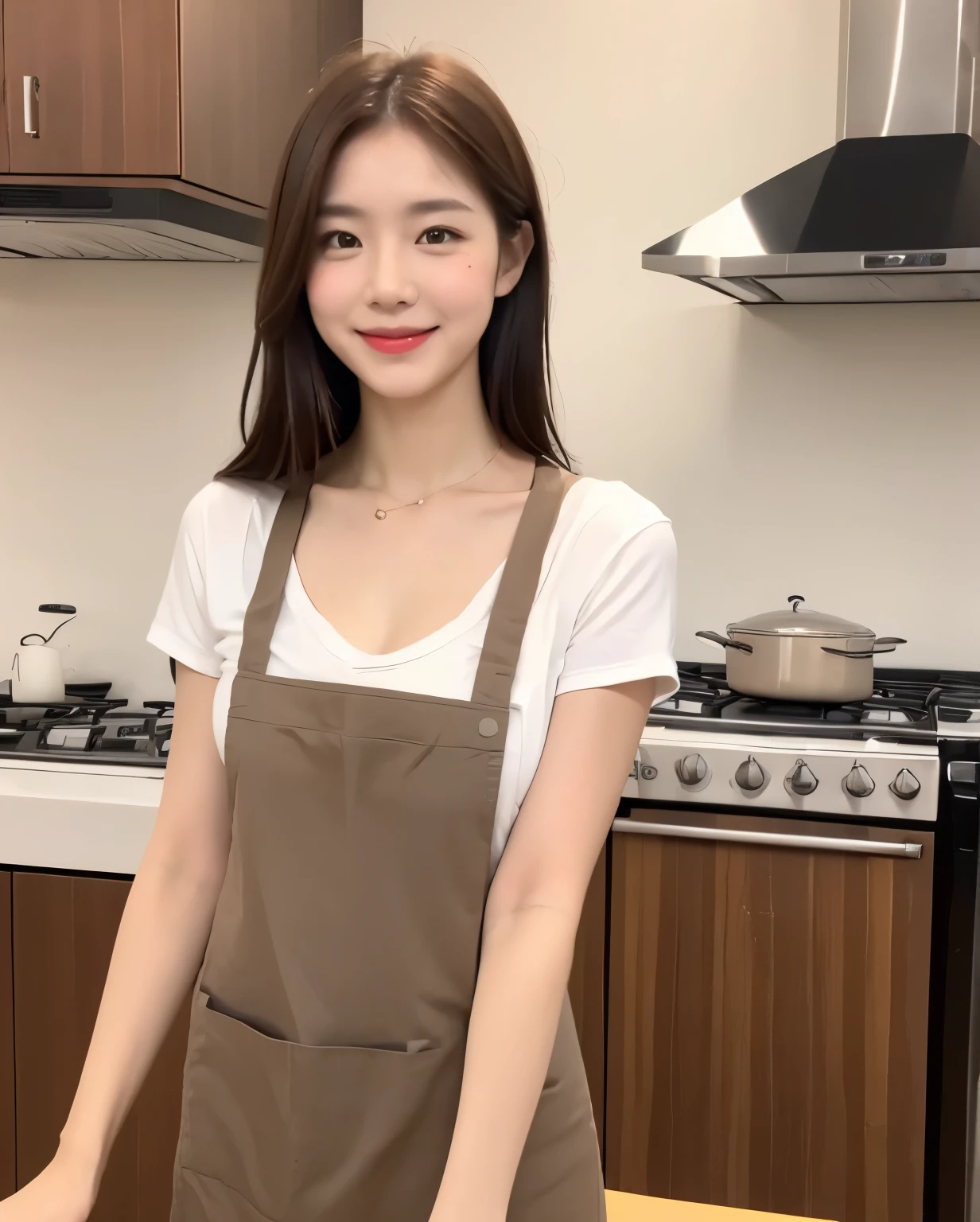 (Masterpiece, best resolution: 1.2), (brown eyes), seduction, smile, long brown hair, small breast, high-definition facial features, 8K, double eyelids, delicate facial feature, (((home kitchen))), (((wearing a brown apron))) cooking, stove, pot