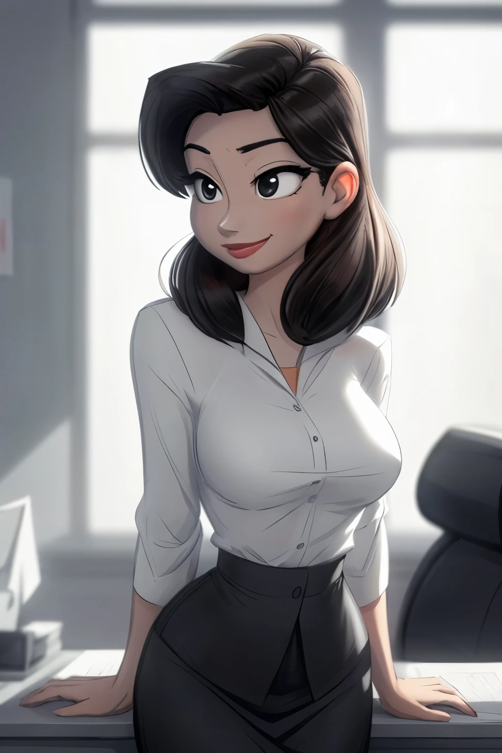 ((ultra quality)), ((tmasterpiece)), Meg, Paperman, ((Black, hairlong)), (Beautiful cute face), (beautiful female lips), Charming, ((sexy facial expression)), looking at the camera smiling softly, eyes slightly open, (Skin color: white), Body glare, ((detailed beautiful female eyes)), ((Black глаза глаза)), (juicy female lips), (red lipstick on the lips), (beautiful female hands), ((perfect female figure)), perfect female body, Beautiful waist, Gorgeous hips, Beautiful medium breasts, ((Subtle and beautiful)), stands seductively leaning on the table (Rear view), (Sexy Office Wear, white shirt with sexy neckline, sexy black skirt), background: office 50-60 years, ((Depth of field)), ((high quality clear image)), (crisp details), ((higly detailed)), Realistic, Professional Photo Session, ((Clear Focus)), the anime