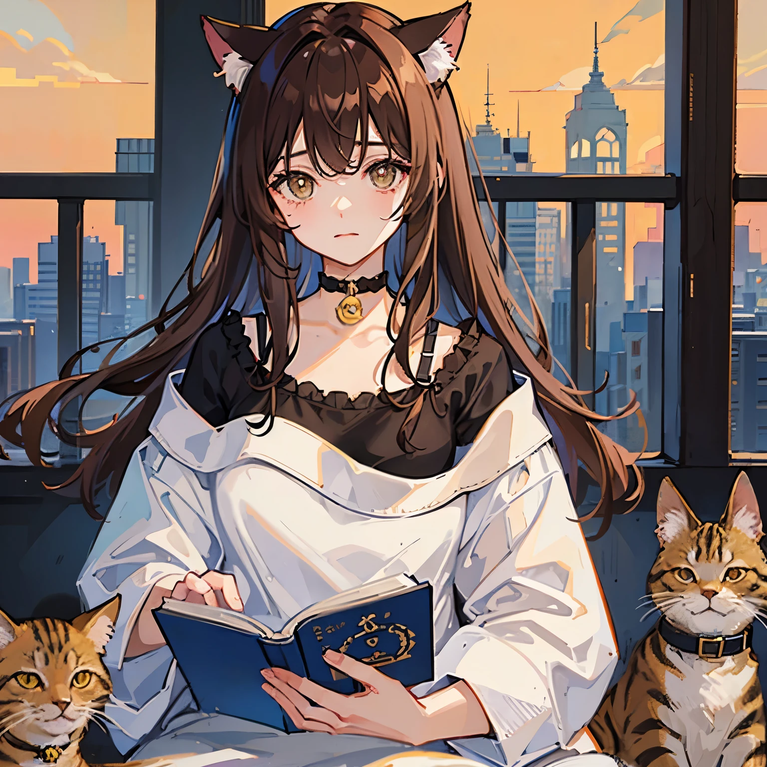 1人、girl with、Brown hair long、a choker、Eyes are yellow、cat ear、unclear、kawaii、Reading a book
