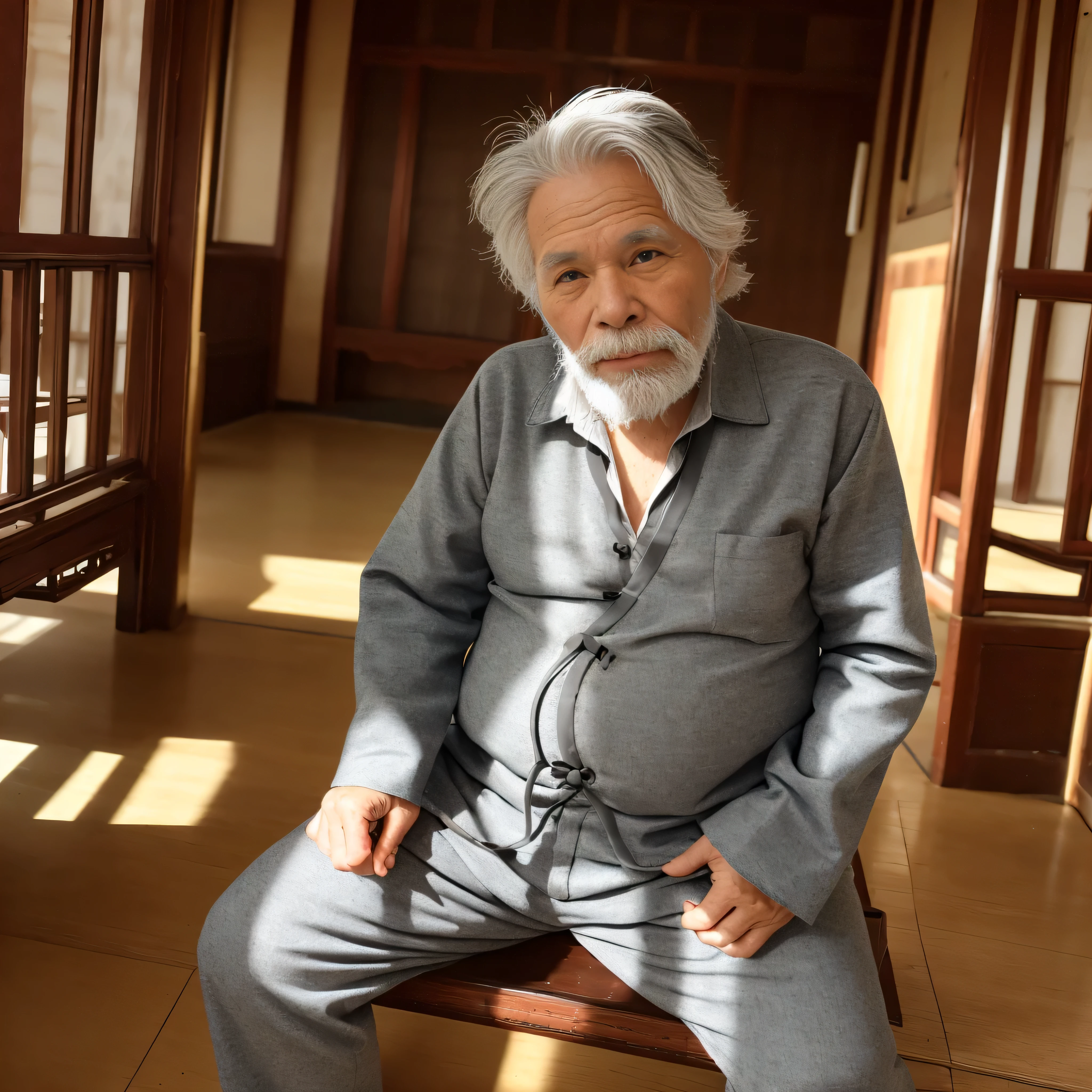 Old man with gray hair, dressed in gray ancient chinese clothes,  80 years old,center of lens,small white beard,oud,
Indoors, chinese taoist temple, oud chinese temple,Sitting cross-legged,oud Chinese architecture,
medium shot, Best Quality,photographed,