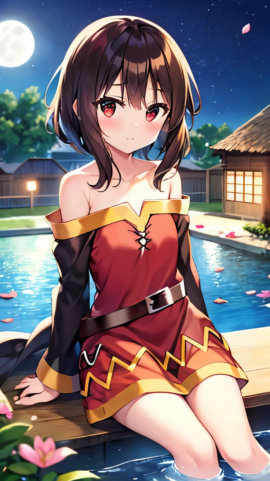 (sitting), small, (bow), (black hair), (short hair), (red eyes), stars in the eyes, hair ornament, (blush), bangs, (a ******_megumin_konosuba in[(evening dress):(((no socks))):0.4]: 1.2), (bare shoulder), collarbone, (white thighs: 1.2), ruffled sleeves, looking at the viewer,[(night: 1.2),peaceful,sky,((full moon)),stars,(in a courtyard),house,drop of water,pond, (near the pond),tree, flower request, wind: : 0.6], (light refraction lridescent), (floating pink petals: 1.2), (fairy butterfly), dreamer