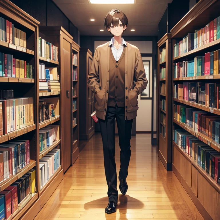 without background、Full body of a tall man with short brown hair wearing a cardigan and holding a book