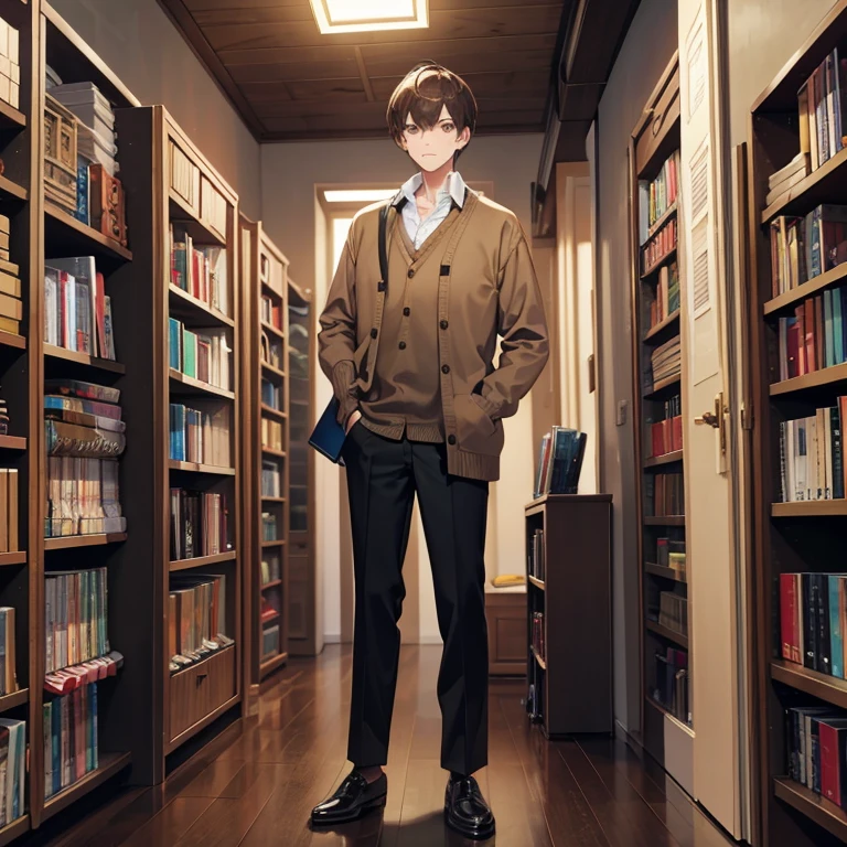 without background、Full body of a tall man with short brown hair wearing a cardigan and holding a book