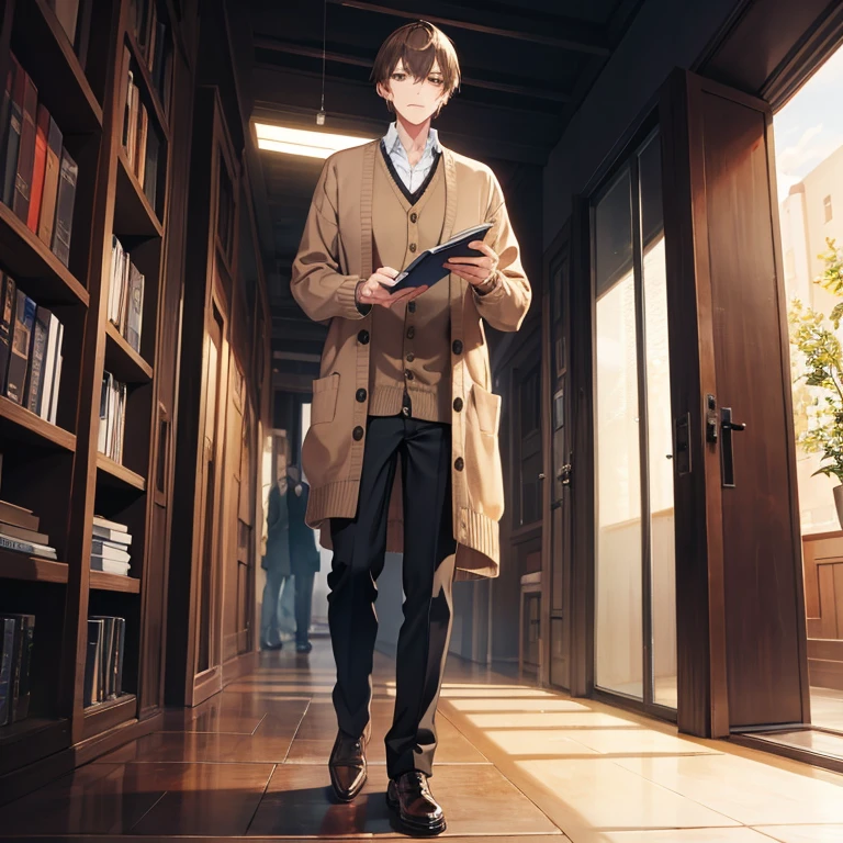 without background、Full body of a tall man with short brown hair wearing a cardigan and holding a book