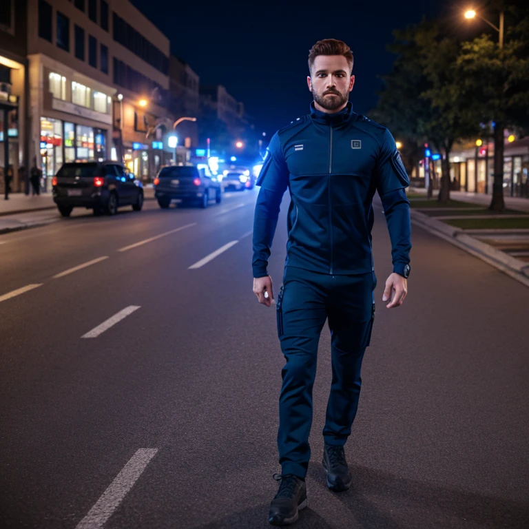best quality, 4k, Man standing in the middle of the street, athletic body, wearing tactical clothing, blue glowing eyes, Brown hair