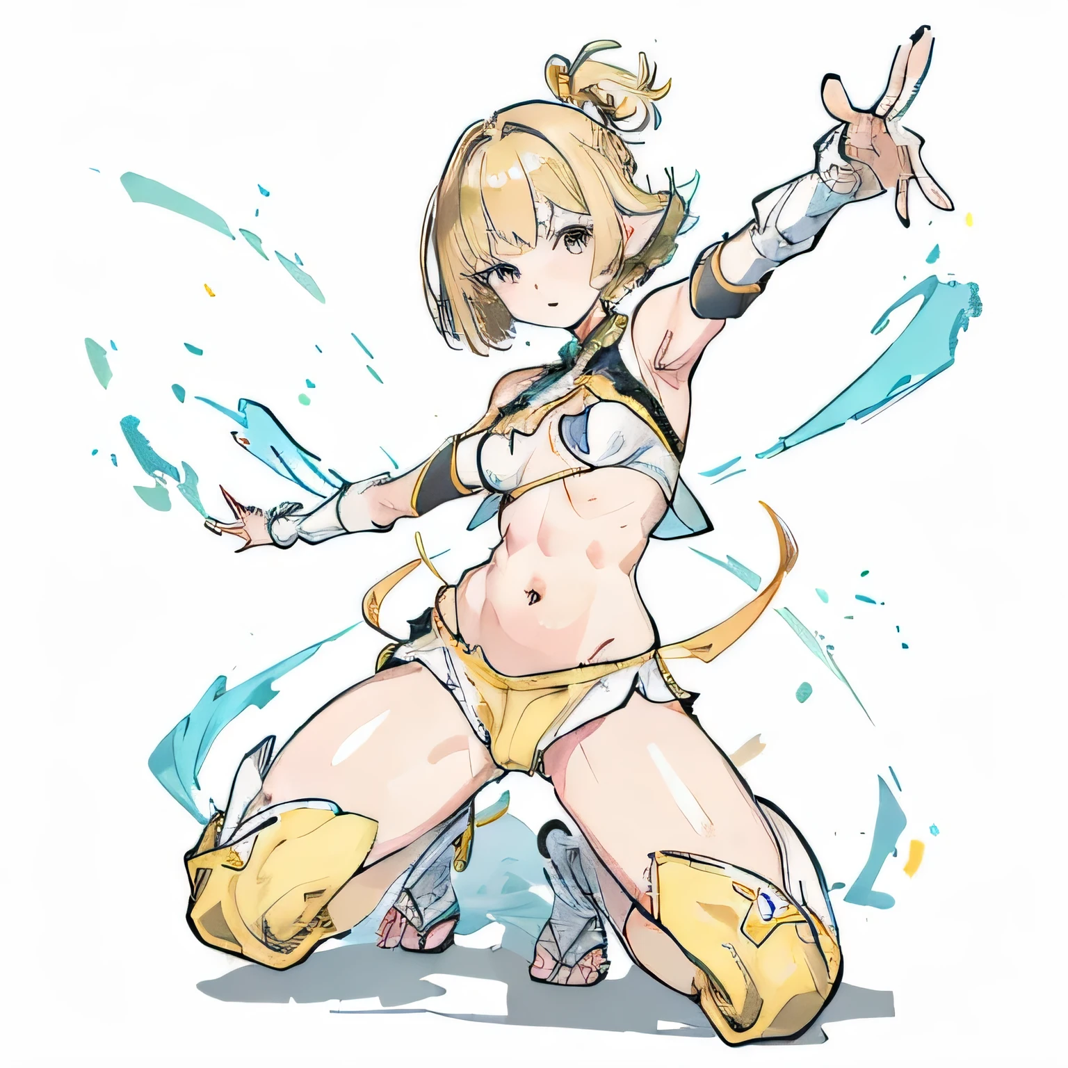 top-quality、flat chest, fighting poses、a blond、bob cuts、fairy tail, yellow line on white wrestling costume、Shorts that show the groin、Tops、Cleavage cutouts、navel cutout、elbow pad、knee pad