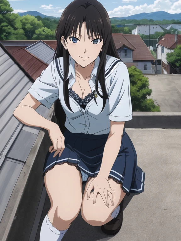 Best Quality, masutepiece, 超A high resolution, (Photorealistic: )2D official style cel anime sitting amagami 　a smile　drooing eyes　girl with　hi-school girl　uniform rooftop　white line mini skirt　Crouching　frontage　Lift the shirt　Light blue lace bra　Show me your light blue lace underwear　Longhaire　Straight hair　knee sox　lowfers