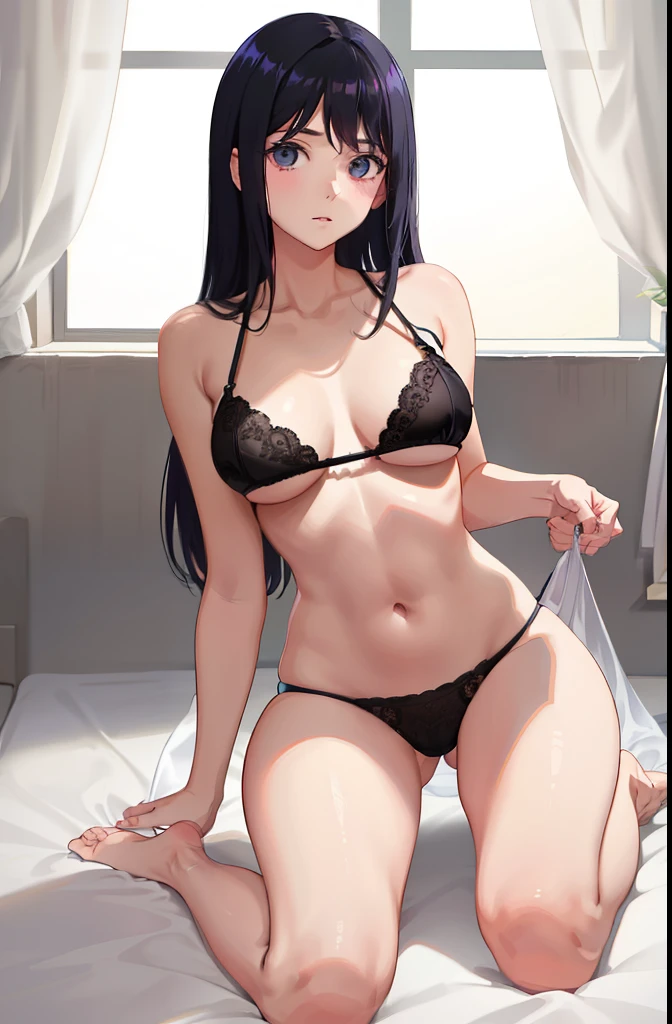 Hermosa madura hinata hiuga acostada en la cama,sonrrojada,pechos medianos,ojos purpura,usando lenceria sexy,piernas abiertas