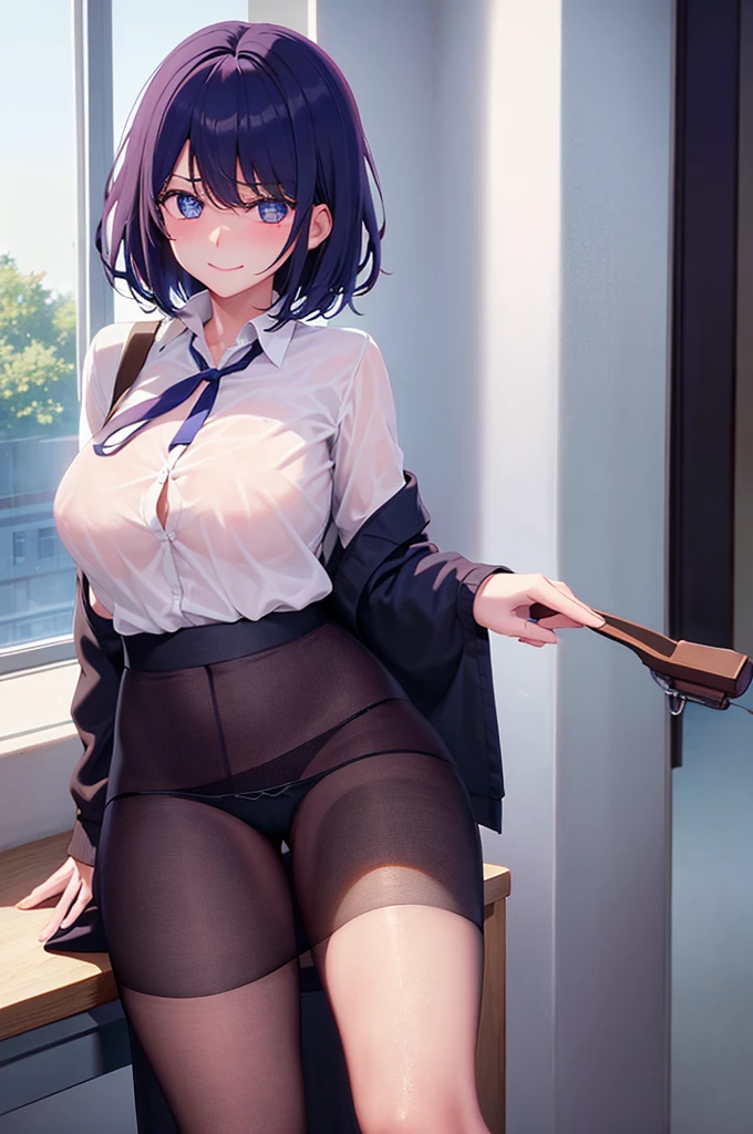 Beautiful girl with one leg on the desk,When I wear a uniform, my chest becomes transparent,Panty shot from skirt,An embarrassed and troubled smile,short-hair,A dark-haired,