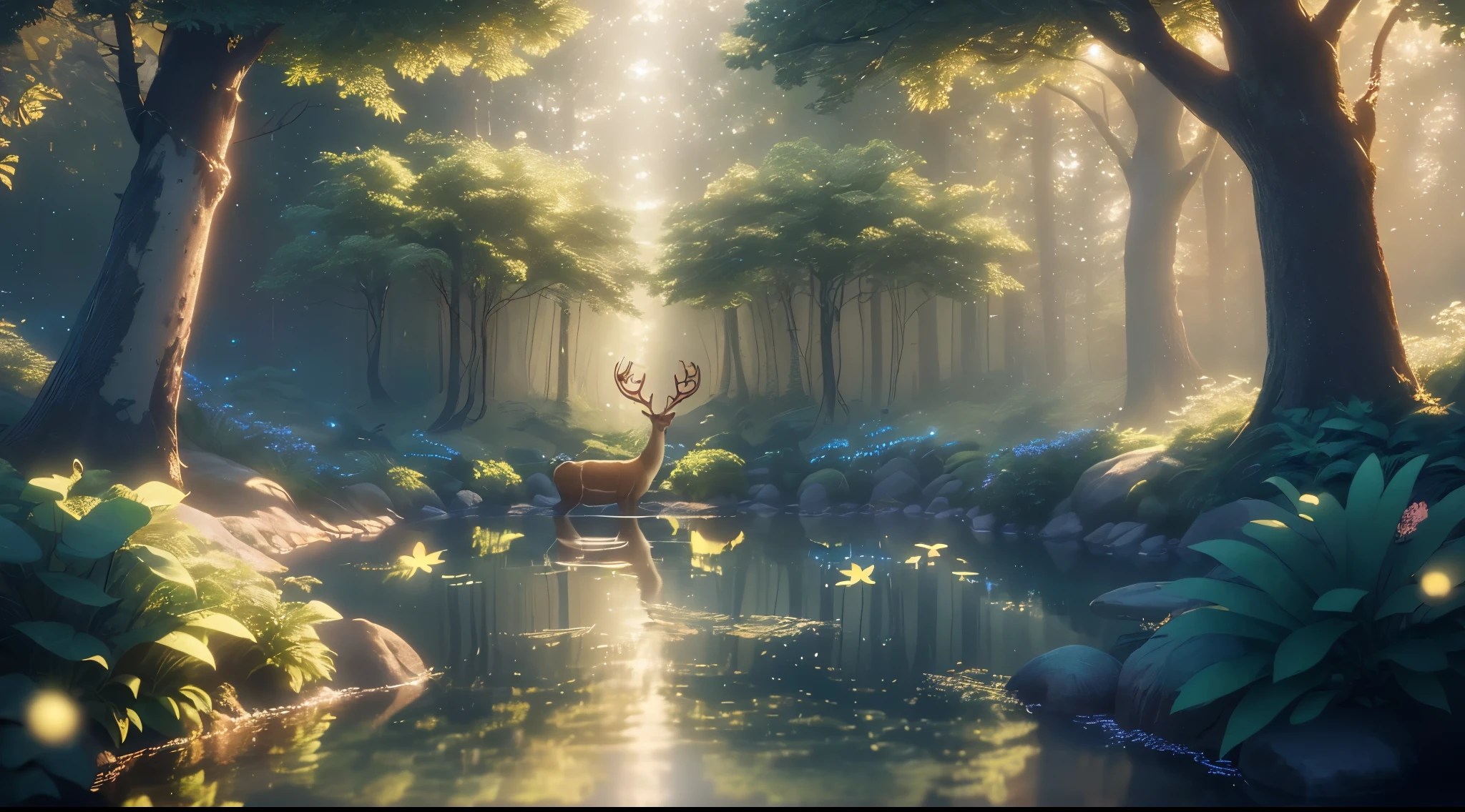 Masterpiece, best quality, (very detailed CG unity 8k wallpaper), (best quality), (best illustration), (best shadows), glow sprite, with a glowing deer, in the swimming pool Drinking water, natural elements in the forest theme. Mysterious forest, beautiful forest, nature, surrounded by flowers, delicate leaves and branches surrounded by fireflies (natural elements), (jungle theme), (leaves), (twigireflies), (particle effects) etc. 3D , Octane rendering, ray tracing, super detailed