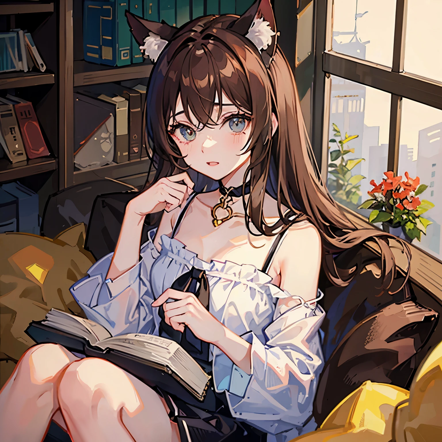 1 persons、girl with、Brown hair long、a choker、Eyes are yellow、Cat's ears、Unclear、kawaii、Reading a book