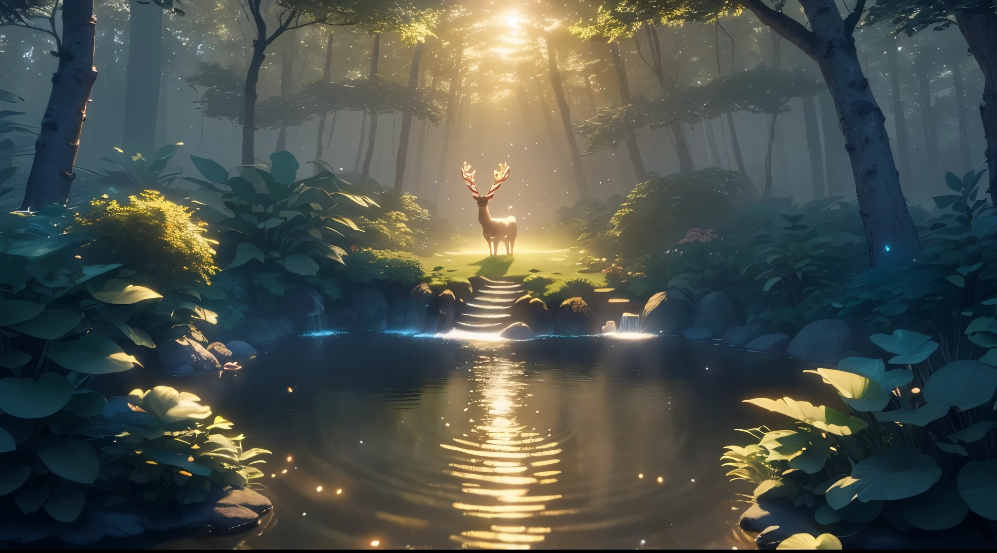 Masterpiece, best quality, (very detailed CG unity 8k wallpaper), (best quality), (best illustration), (best shadows), glow sprite, with a glowing deer, in the swimming pool Drinking water, natural elements in the forest theme. Mysterious forest, beautiful forest, nature, surrounded by flowers, delicate leaves and branches surrounded by fireflies (natural elements), (jungle theme), (leaves), (twigireflies), (particle effects) etc. 3D , Octane rendering, ray tracing, super detailed