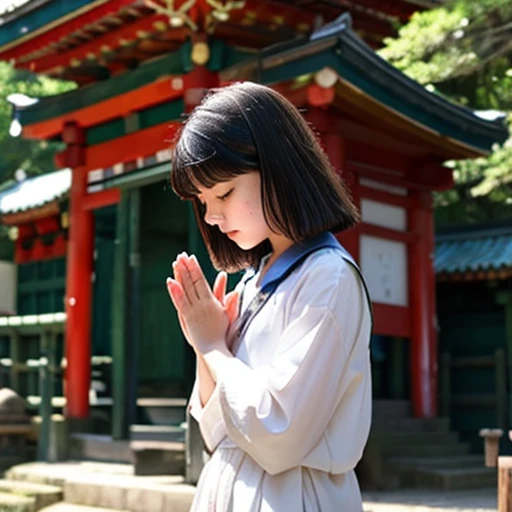 A girl praying at a shrine、animesque