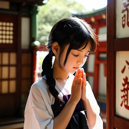 A girl praying at a shrine、animesque