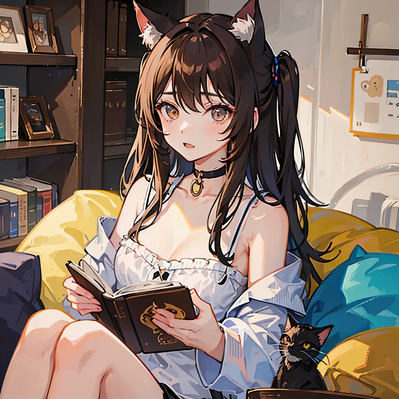 1人、girl with、Brown hair long、a choker、Eyes are yellow、cat ear、unclear、kawaii、Reading a book