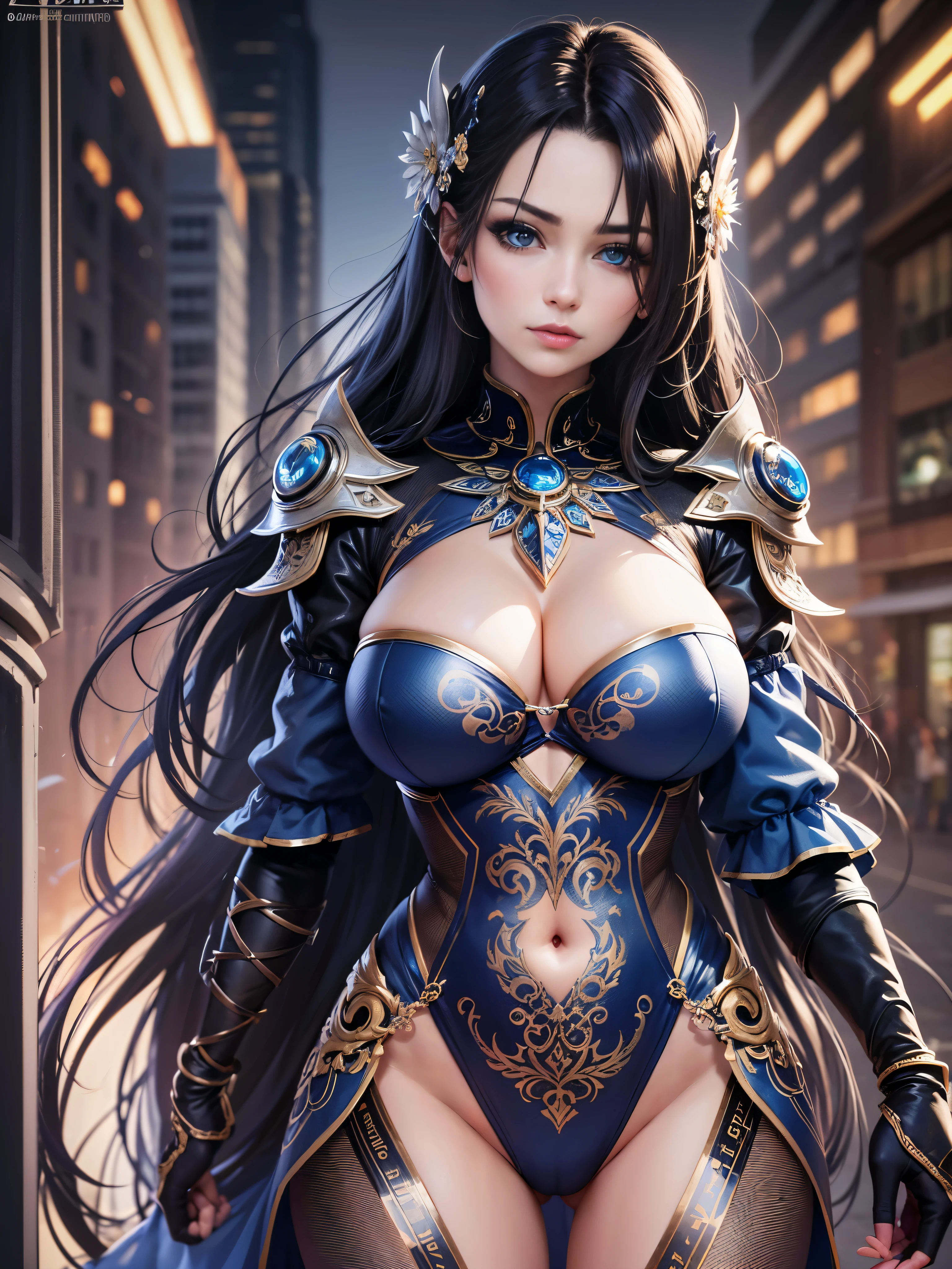 ((8k, HDR, Full body, entire figure, Beautiful European girl 25 years old, round face, closeup, slim body, intense blue electric eyes, detailed eyes, black hair, very long hair, Perfect proportions, gigantic breast, dynamic pose, look at the camera)), ((Masterpiece, highest best quality, realistic photos, ultra-detailed, ultra-intricated)), (movie lighting, complex)