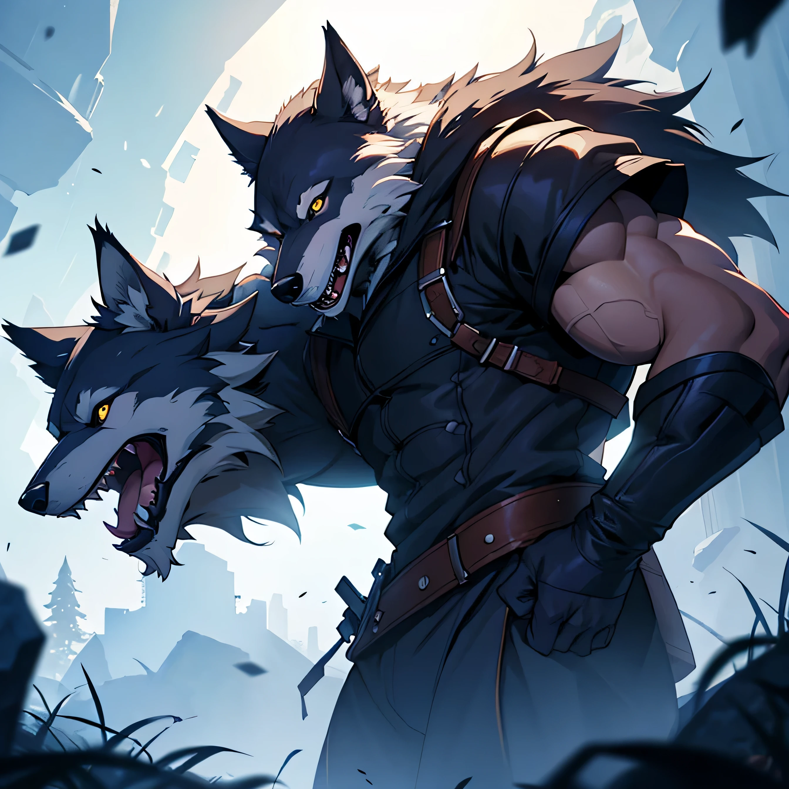 (Best Quality, 4k, 8K, high resolucion, Masterpiece:1.2), wolf monster, 짧은 다리를 가진 털복숭이 wolf monster, side pose, upper body enlargement , Outdoor Lighting, Natural background, Noon hours, large claws on front feet, Gaze angle at shoulder height, meadow background, Detailed expression of the eyes, s mouth open, Face enlargement, Facial side, bright lighting