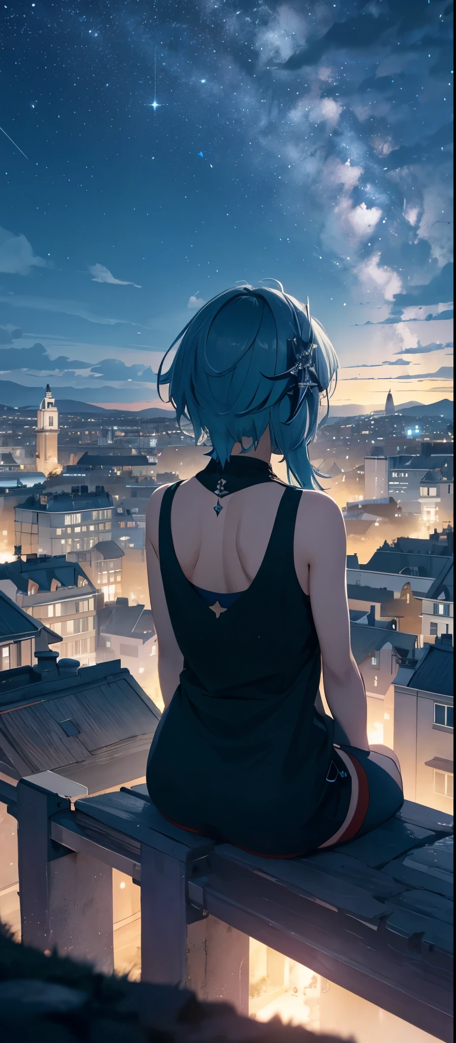 octans, sky, star (sky), scenery, starry sky, night, 1girl, night sky, solo, outdoors, building, cloud, milky way, sitting, 1girl, tank top, bare shoulders, city, silhouette, cityscape, euladef, light blue hair, medium hair, from behind