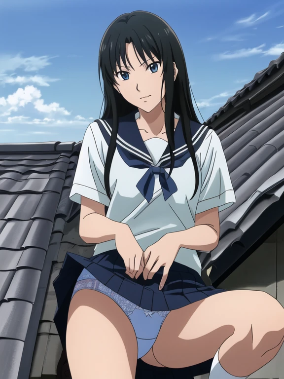 Best Quality, masutepiece, 超A high resolution, (Photorealistic: )2D official style cel anime sitting amagami 　laught　girl with　hi-school girl　uniform rooftop　white line mini skirt　Crouching　frontage　Lift the shirt　Light blue lace bra　Show me your light blue lace underwear　Longhaire　Straight hair　knee sox　lowfers