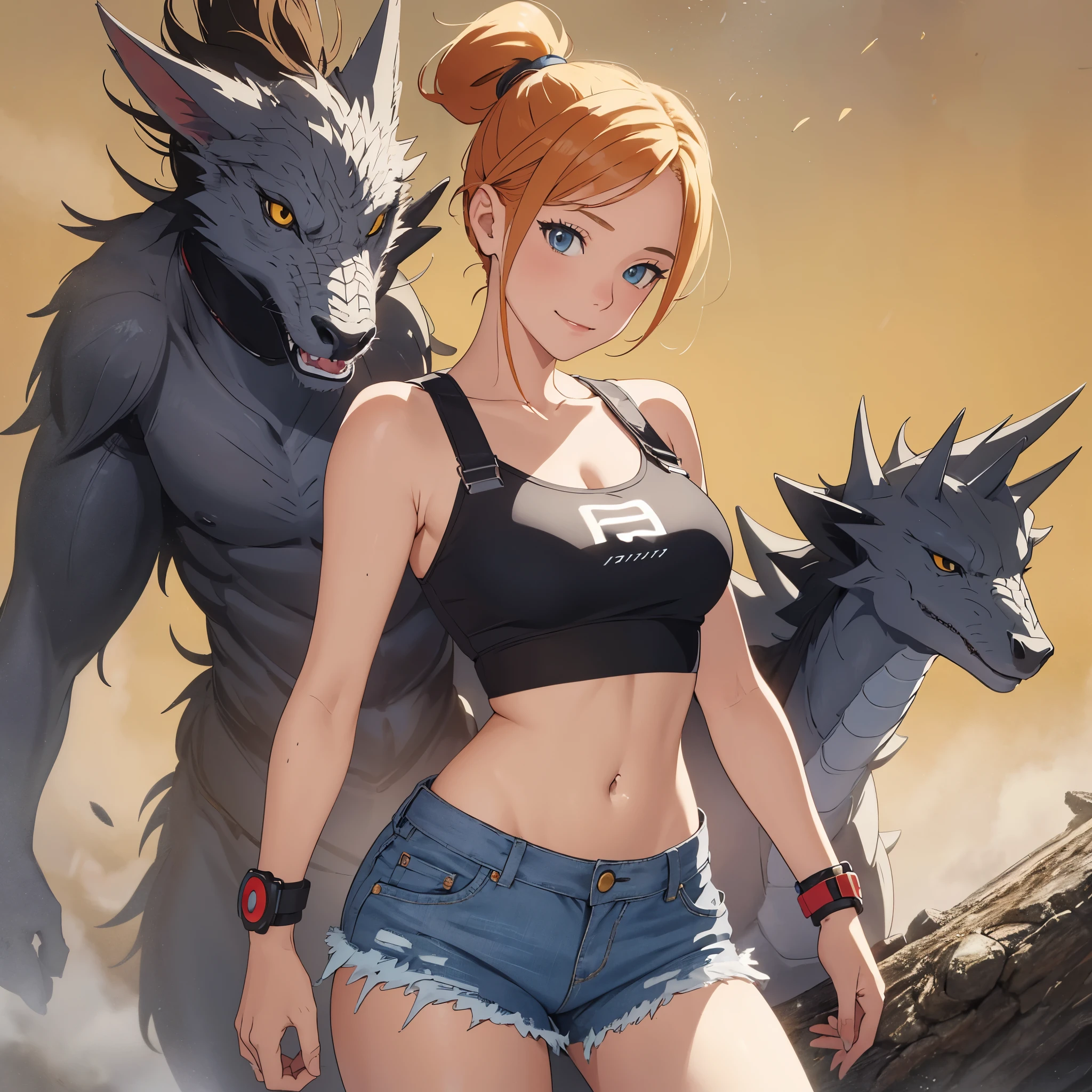 The centerpiece of the image is Misty from Pokémon, standing outdoors with a confident smile. Orange hair styled in a side ponytail, wearing denim shorts with suspenders, yellow crop top that shows off her midriff and navel. Yellow tank top. Cowboy shot posture exudes confidence and strength.
Misty is accompanied by a cute Dragon.
Overall, the image is a masterpiece, with high-quality details and a realistic rendering of Misty, her outfit, and her companion dragon. The colors are vivid and eye-catching, and the image is high-resolution, capturing every nuance of Misty's confident and adventurous spirit.