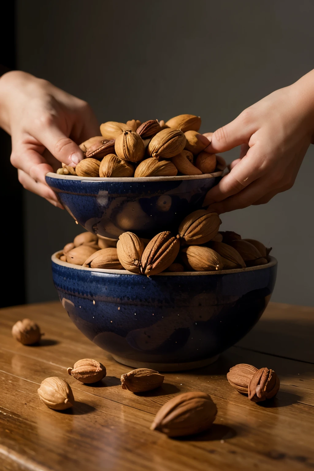 ((best quality)), ((masterpiece)), (detailed), bowl full of nuts and peanuts in blue bowl and vodka