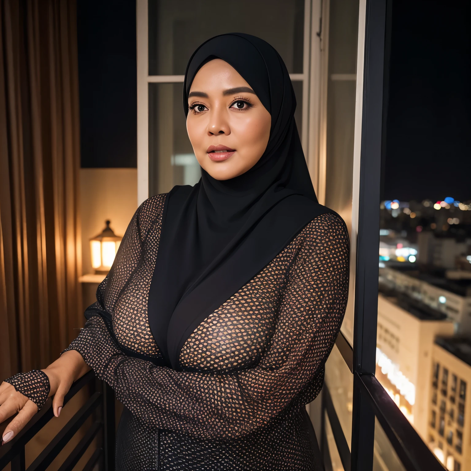 56 years Old, Hijab Indonesian mature woman, Saggy Large Mature Tits : 96.9, Burqa, Tight Burqa, Perfect curvy body, Breast about To burst out, at Apartment balcony, Dark light, at Night Time