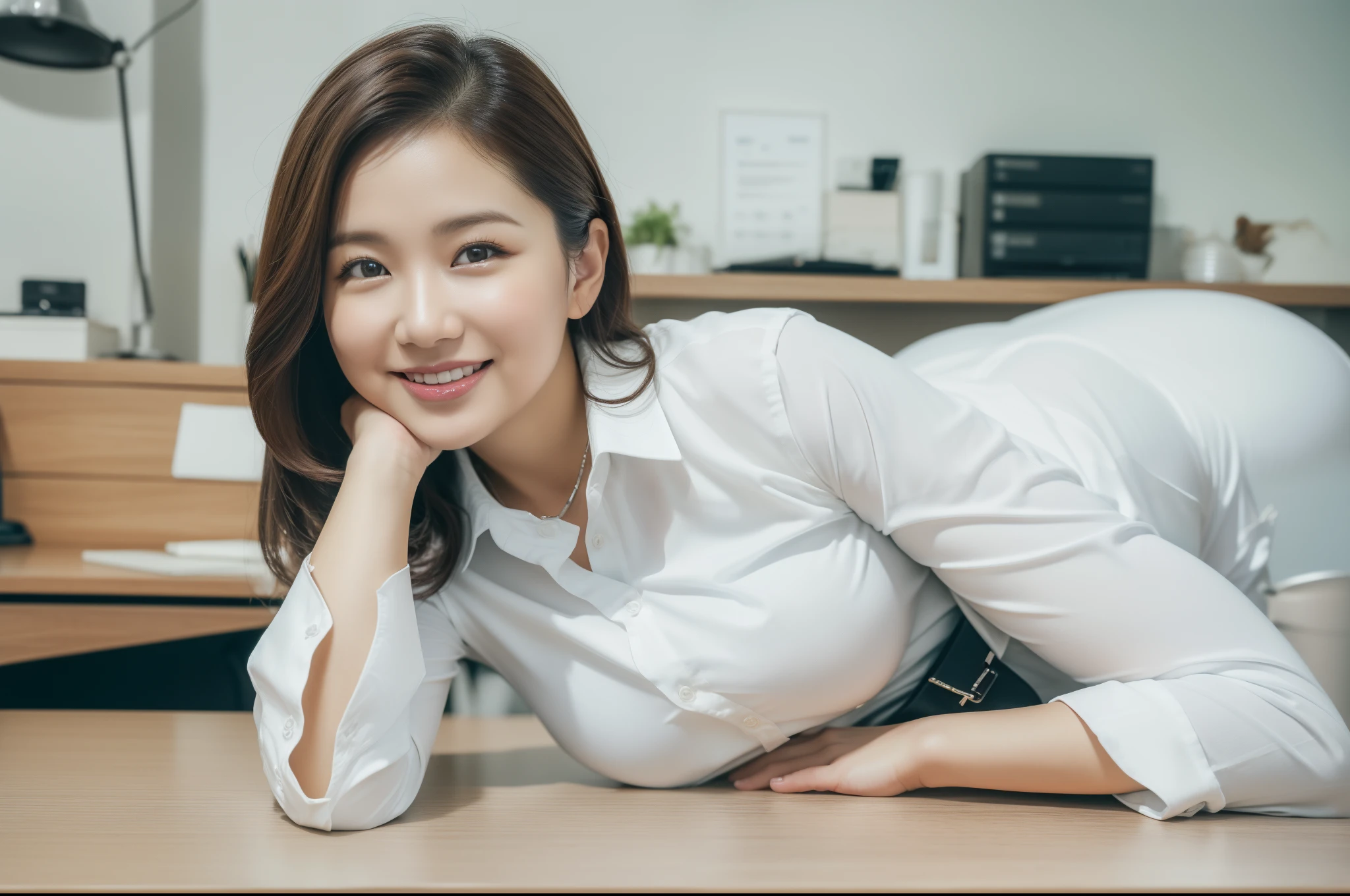 ((Best Quality, 8k, Masterpiecedetails, ultra-high resolution)), (looking at the viewer), (full shot:), attractive business 1 milf laying down on office, desk, a bit chubby:0.25, white collared shirt, grey skirt, (dog posing on the desk)), smile, office of CEO,