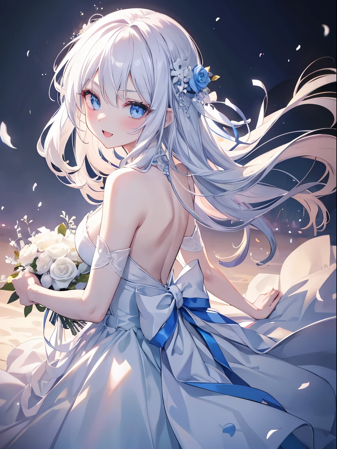 Anime girl in a blue dress with a bouquet of flowers - SeaArt AI