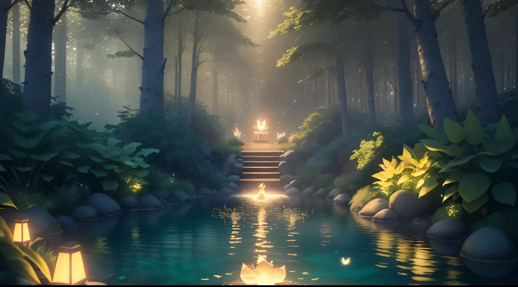 Masterpiece, best quality, (very detailed CG unity 8k wallpaper), (best quality), (best illustration), (best shadows), glow sprite, with a glowing deer, in the swimming pool Drinking water, natural elements in the forest theme. Mysterious forest, beautiful forest, nature, surrounded by flowers, delicate leaves and branches surrounded by fireflies (natural elements), (jungle theme), (leaves), (twigireflies), (particle effects) etc. 3D , Octane rendering, ray tracing, super detailed