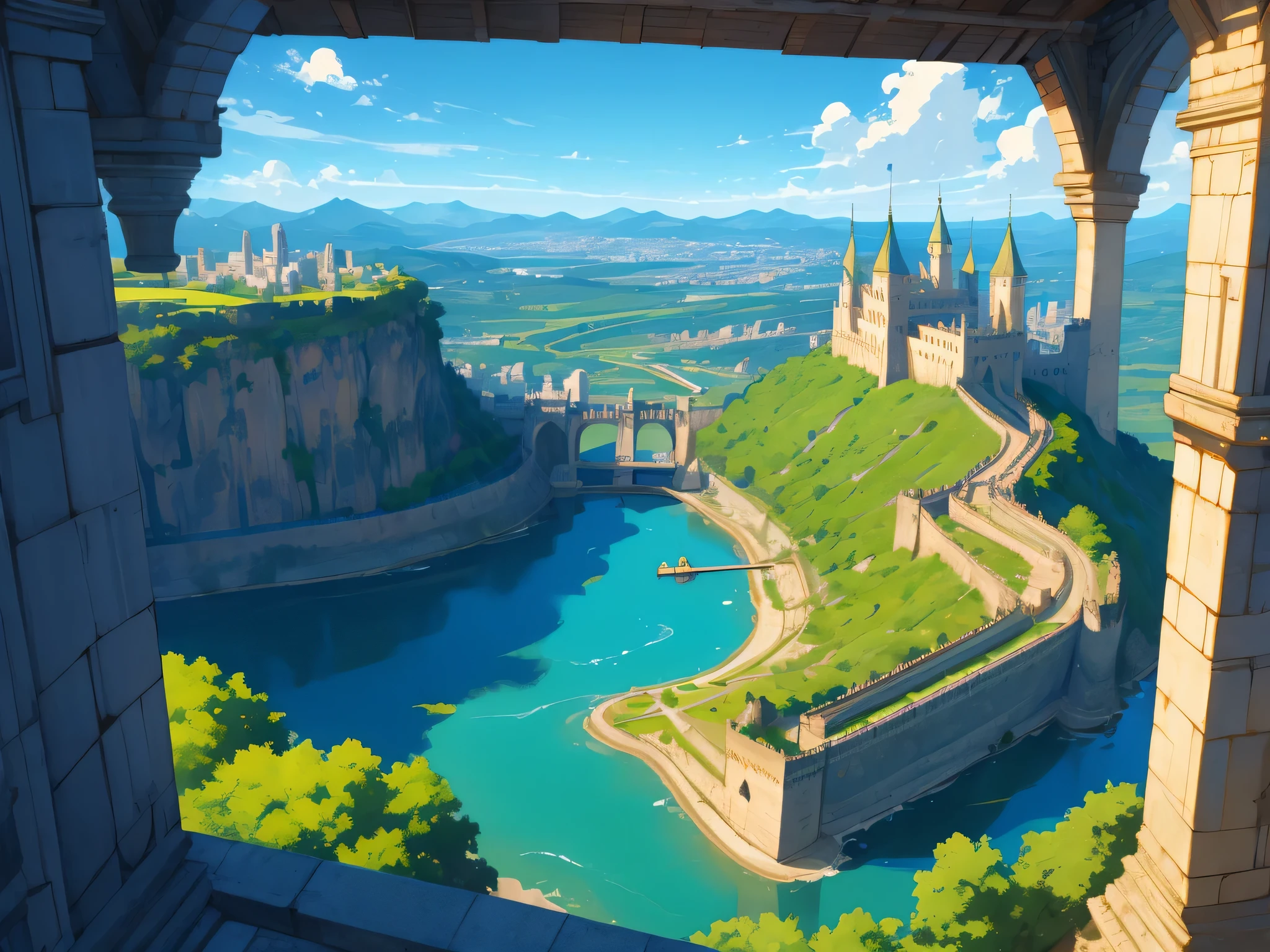 Vista do espectador do alto de um penhasco, a city that is the capital of a medieval kingdom with a castle as its center, um grande rio passa nas proximidades, florestas e montanhas ao longo, Arte Digital, estilo anime, master part