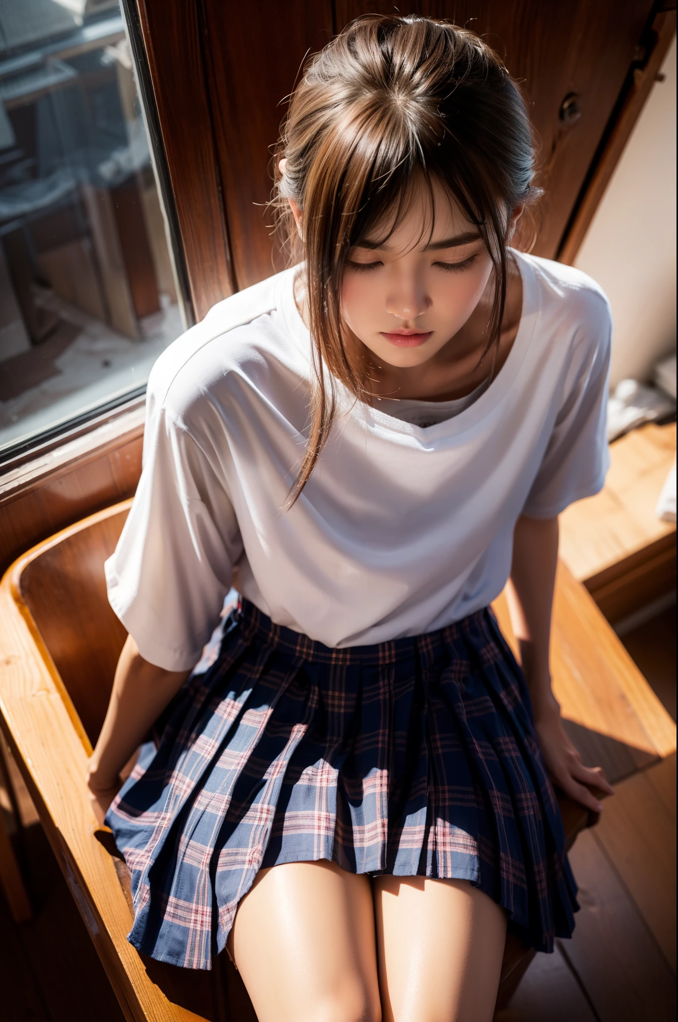 Artie Future Animation. bird's eyes view, Dirty woman sitting on chair in dilapidated house, Wet hair covering eyes, Detailed slim fit shirt and pleated skirt. vixip, closeup landscape, hurt. Freehand painting, 电影灯光, The content is very detailed. The white, Brown, Red. Perfect work, tmasterpiece, Best quality, 4K, Focus sharp. perfect anatomia.