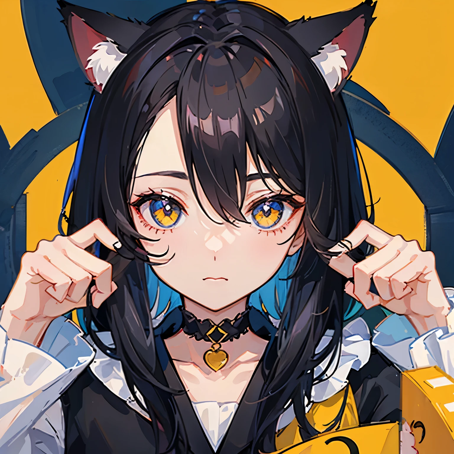 girl wear sleek black cat hood with mesmerizing eyes nestled in the ears. Adorned with striking yellow and black hues, this hood exudes feline charm and mystery. Elevate your style with this unique accessory