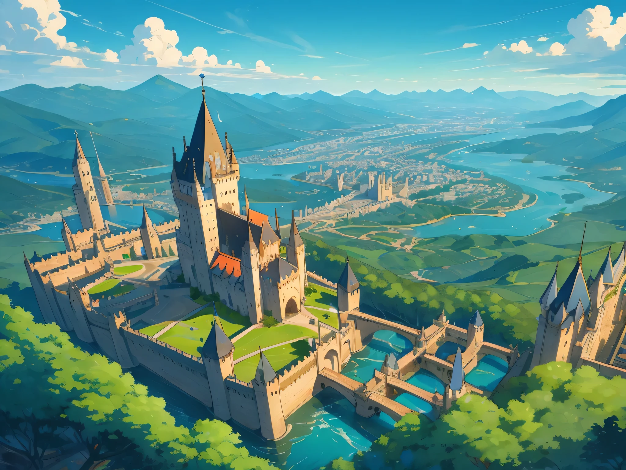 Vista do espectador do alto de um penhasco, a city that is the capital of a medieval kingdom with a castle as its center, um grande rio passa nas proximidades, florestas e montanhas ao longo, Arte Digital, estilo anime, master part