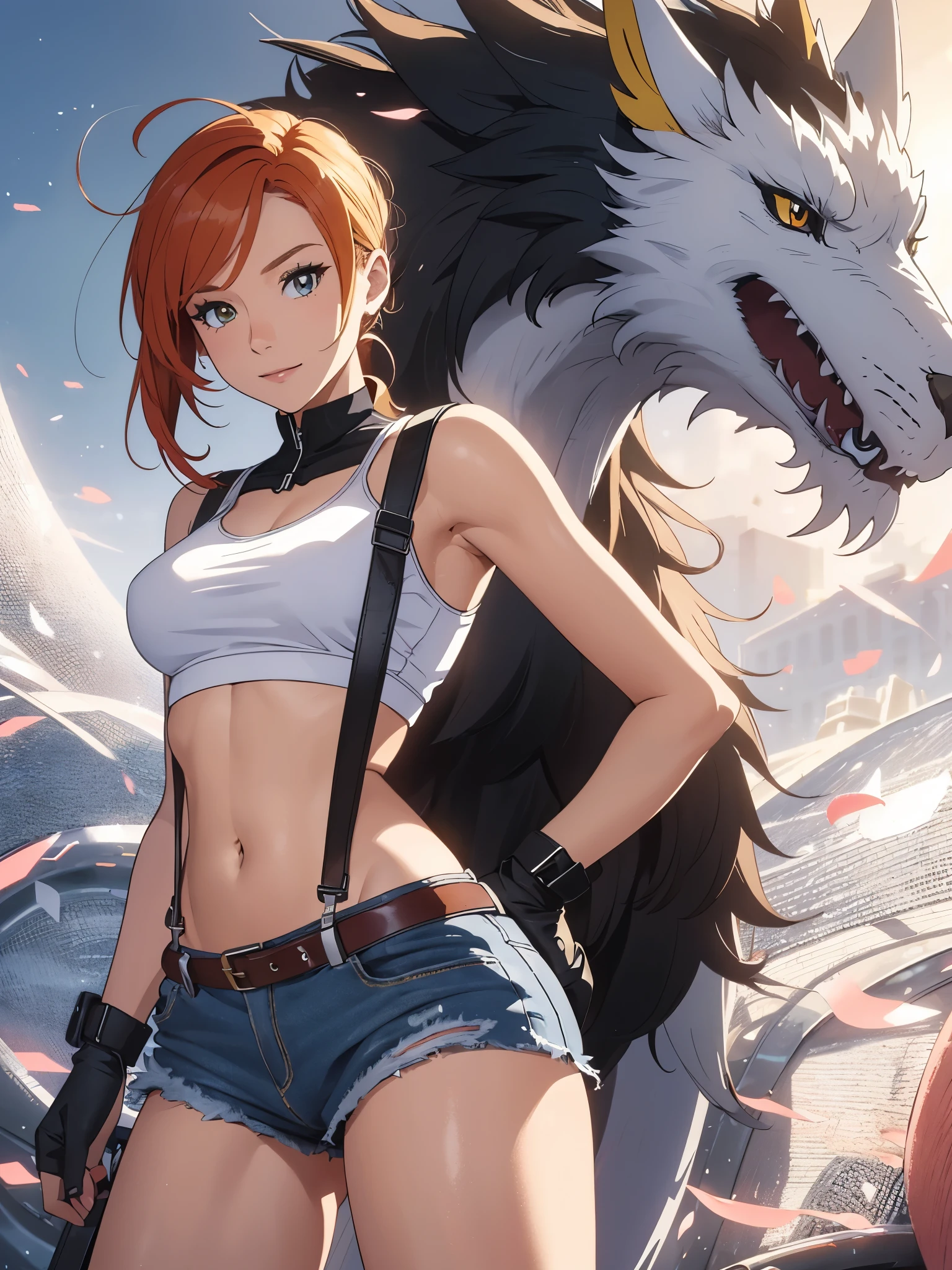 The centerpiece of the image is Misty from Pokémon, standing outdoors with a confident smile. Orange hair styled in a side ponytail, wearing denim shorts with suspenders, yellow crop top that shows off her midriff and navel. Yellow tank top. Cowboy shot posture exudes confidence and strength.

Misty is accompanied by a cute Dragon.

Overall, the image is a masterpiece, with high-quality details and a realistic rendering of Misty, her outfit, and her companion dragon. The colors are vivid and eye-catching, and the image is high-resolution, capturing every nuance of Misty's confident and adventurous spirit.