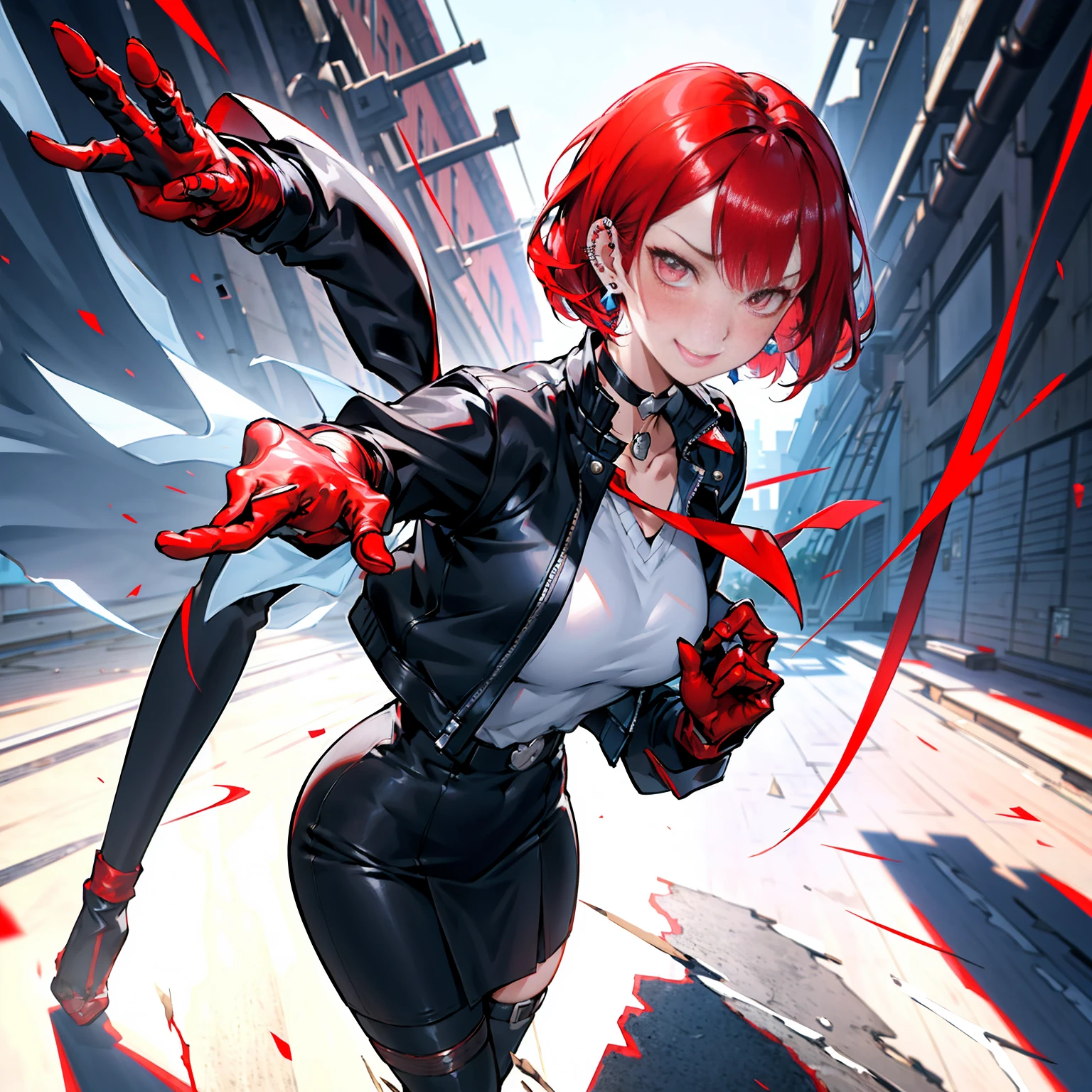 in the art style of persona 5, smal breast, delinquent, (sukeban), mature_female, blush, mature, older woman, 25 years old, Sukeban teacher outfit, (1girl, solo female, solo, solo focus)++++, choker, sukeban school teacher, sukeban school fighter, long_sleeves, open jacket, blue jacket, jean, light skin tone female, full body, jacket, biker jacket, tape, arm_support, gloves, red_gloves, bridal gauntlets, nail polish, boots, hioots, black_footwear, fighter outfit, full body, hourglass, mature face, cheeky smile, cheeky face, wrinkles, (red hair, short hair, bob cut, earrings, ear piercings), red eyeighting art, Martial arts, standing, fighting_stance, fight, fighting), extra colors, 2D, megapixel, perfectionism, accent lighting, full HD , (Masterpiece:1.2), (full-body-shot:1),(cowboy shot:1.2), (Highly detailed:1.2),(Detailed Face:1.2), Colorful, A detailed eye, (Detailed landscape:1.2), (natural lighting:1.2), ((sukeban school teacher)) by Vincent Di Fate: Aidyllery, Anamorphic Shot, rule of thirds, face by Artgerm and WLOP,