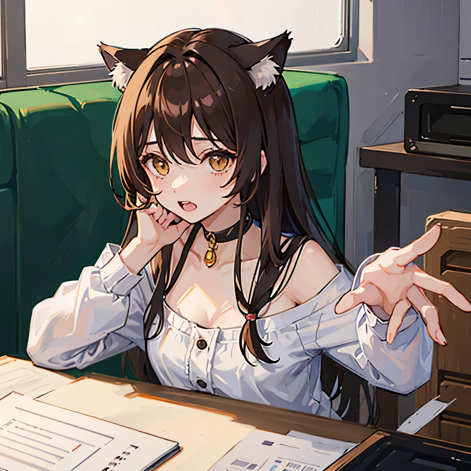 1人、girl with、Brown hair long、a choker、Eyes are yellow、cat ear、unclear、kawaii、desk、