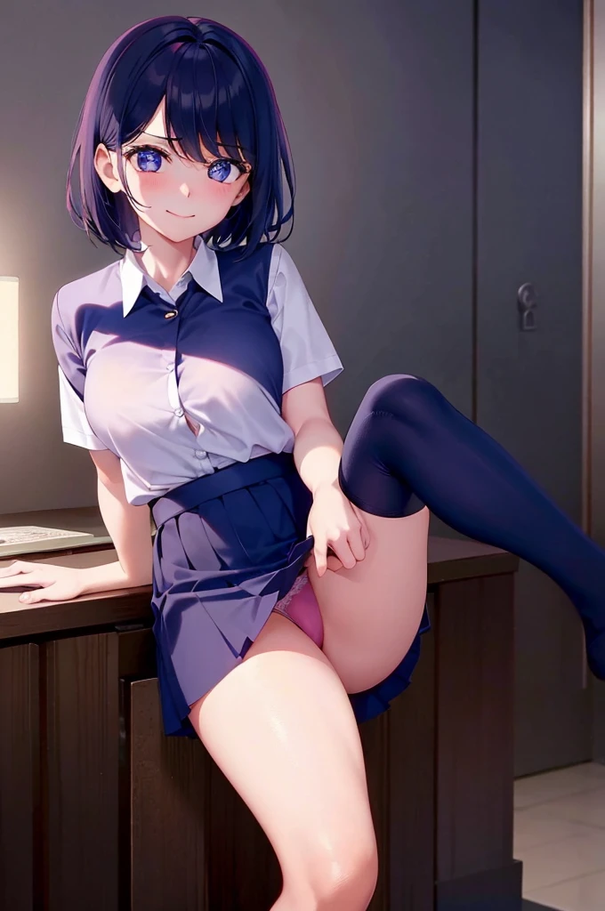 Beautiful girl with one leg on the desk,when wearing a uniform, chest becomes transparent,Panty shot from skirt,An embarrassed and troubled smile,short-hair,A dark-haired,