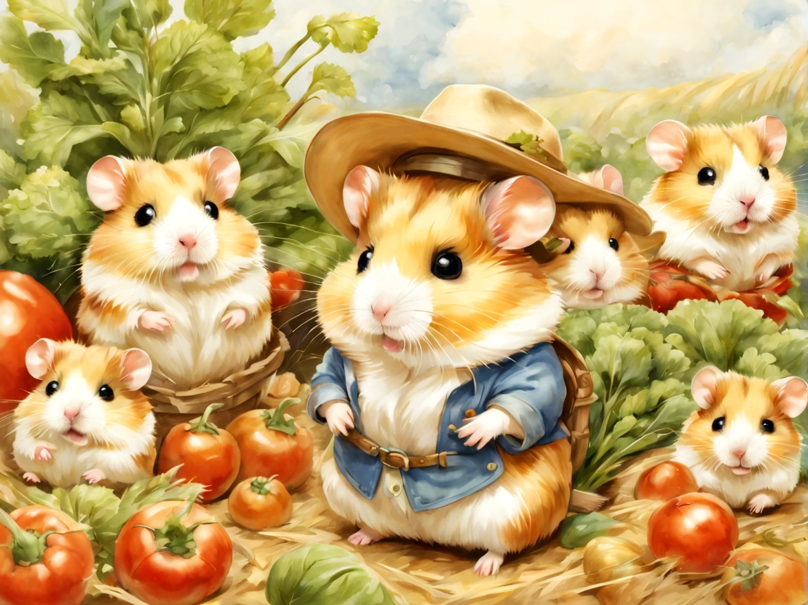 (働くhamstermer),農作業をするhamster,Background of the field,Farm Management Gadget,a straw fedora hat,Growing vegetables,crops are piled up,agriculture,fieldwork,​masterpiece,top-quality,,Chibi,cute little,,A delightful,tre anatomically correct,The cutest hamster,,hamster,,Fantasia,randolph caldecott style,illustratio,watercolor paiting