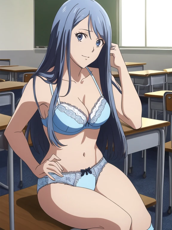 Best Quality, masutepiece, 超A high resolution, (Photorealistic: )2D official style cel anime sitting girl　‎Classroom　Light blue lace bra　light blue lace panties　Longhaire　Straight hair　knee sox　lowfers