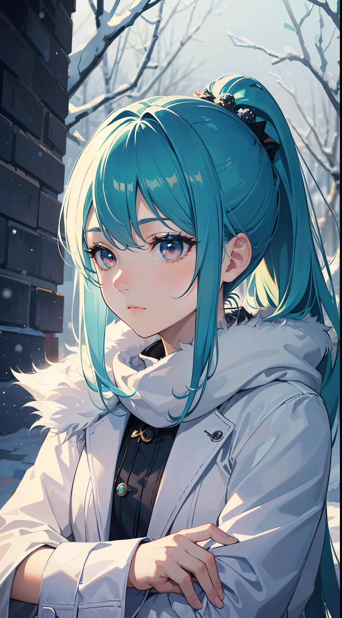 (masterpiece:1.3), (best quality:1.3), (better quality:1.3) (finely detailed beauiful eyes:1.2), (cinematic background:1.3), (incredibly absurdres), (cinematic lighting:1.3), (extremely detailed CG art), (2.5D) (wallpapers), glowing eyes, lustrous skin, white skin, solo, 1girl, (extremely delicate), (sharp face), (extremely detailed), (detailed clothes), (upper body), (looking to the side), (from side:0.8), (depth of fields), (perfect shadow:1.3), (extremely detailed background), (extremely detailed furniture), (low temperature color), (extremely detailed background), (aesthetic:1.3), (winter:1.7), (shiny hair:1.1), (winter vibes), (outdoor), (winter), (calm vibes), (blue moody), (better detailed eyes:1.2), (expressionless), (eyeshadow), (high contras:1.3), (multicolored), (cool temperature lighting), (blue theme), (amazing color), (rich color), (), (), (blue theme lightning), (ambient occlusion), (multicolored eyes), hatsune miku, teal green hair, bangs, long bangs, long hair, ponytail, (red eyes), (color gradation), winter clothes, (cute), (), sitting_down