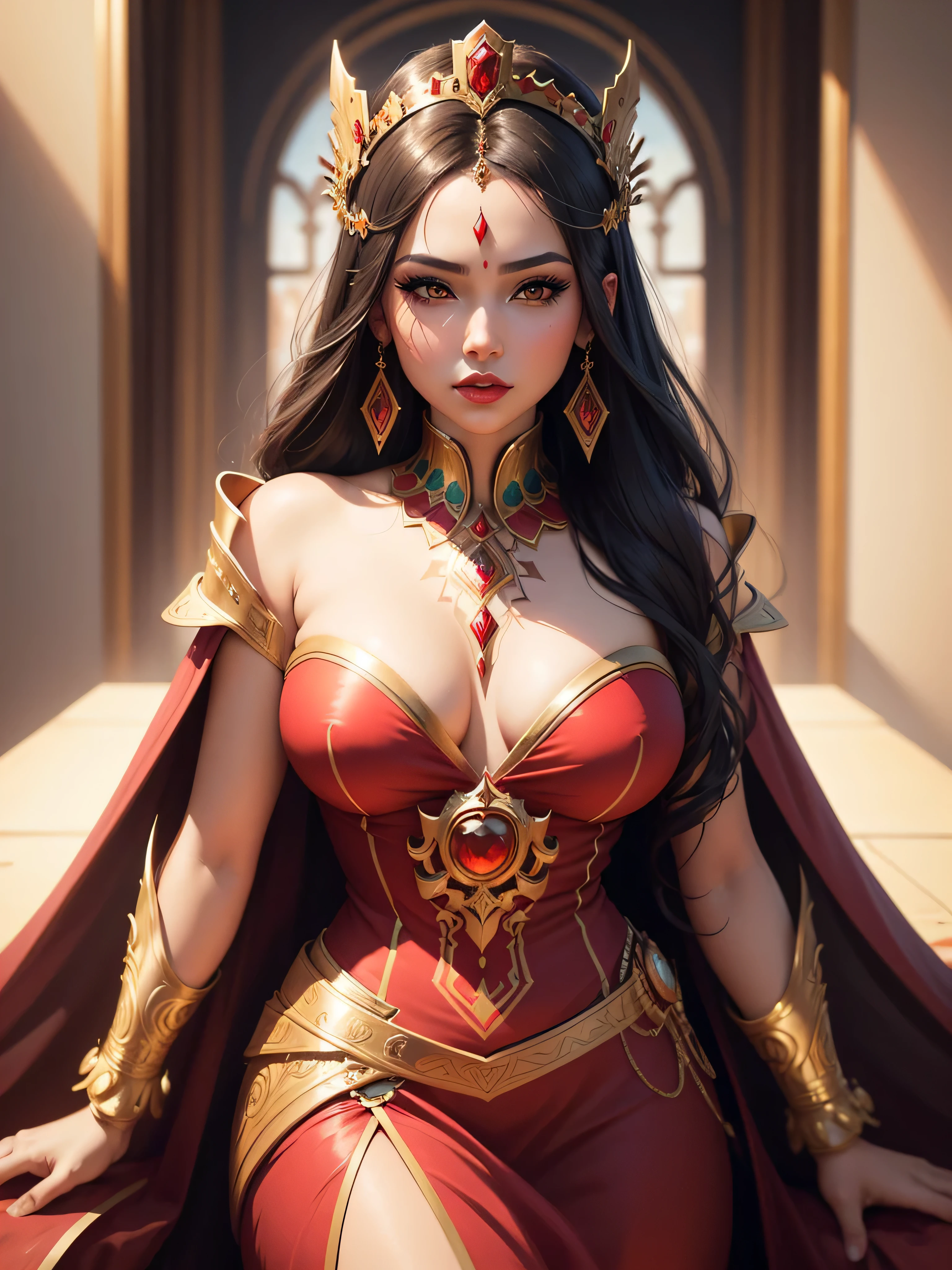 A tan skin Moroccan female all red sleek futuristic outfit, with huge headpiece center piece, clean makeup with oversized red hair, with depth of field, fantastical edgy and regal themed outfit, captured in vivid colors, embodying the essence of fantasy, minimalist