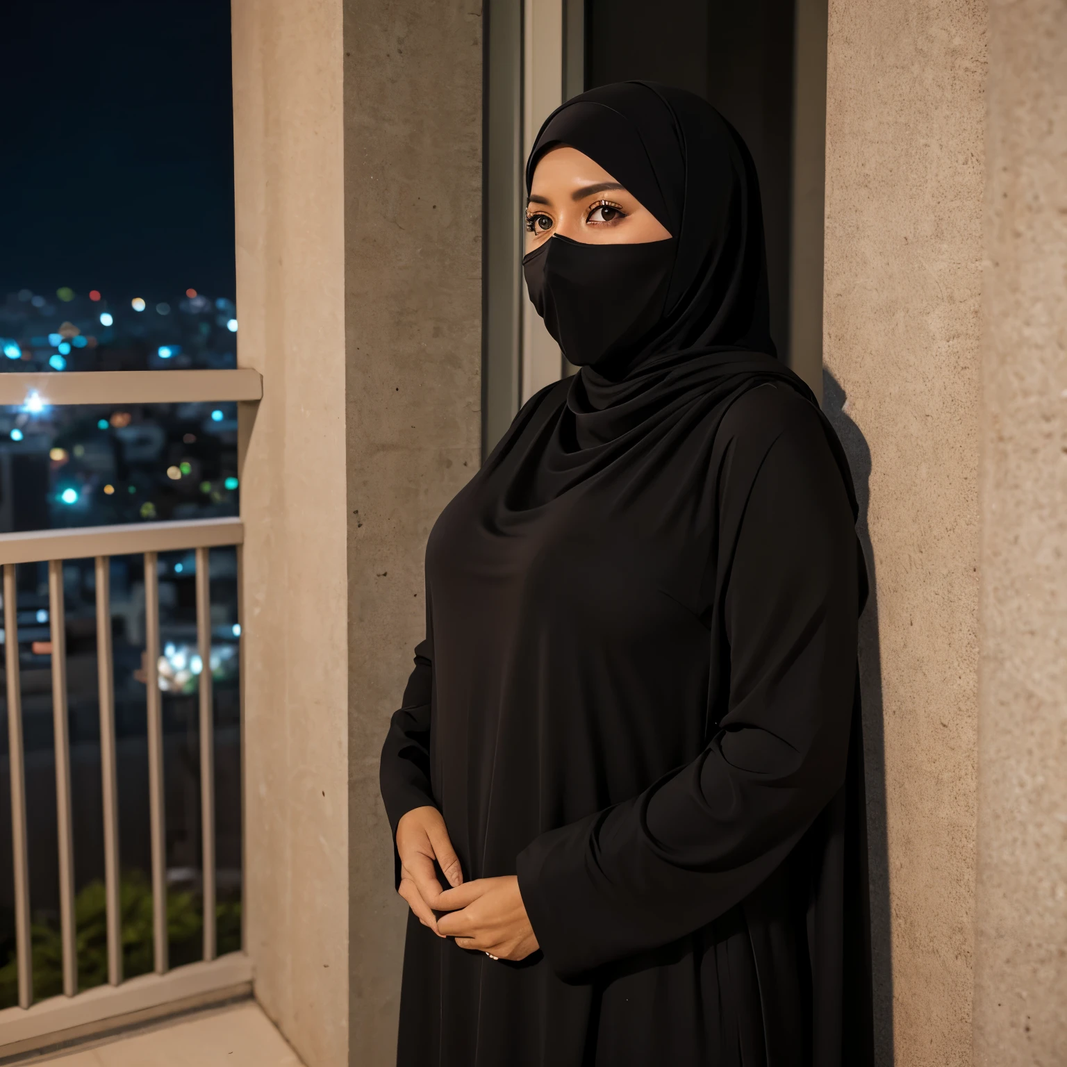 56 years Old, Hijab Indonesian mature woman, Saggy Large Mature Tits : 96.9, Burqa, Tight Burqa, Perfect curvy body, Breast about To burst out, at Apartment balcony, Dark light, at Night Time